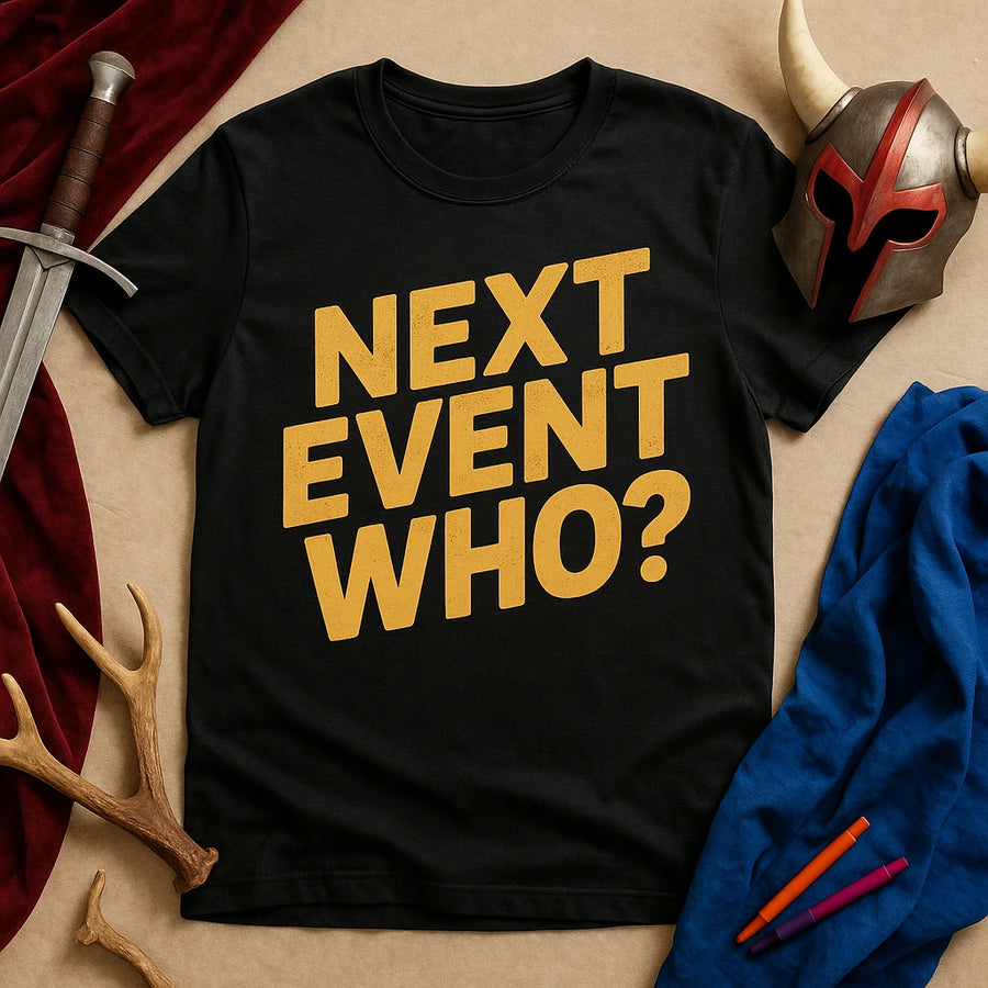 A black t-shirt with bold yellow text reading "NEXT EVENT WHO?" is placed on a surface surrounded by various items. To the left is a sword and a pair of antlers, while to the right is a Viking-style helmet and a piece of blue fabric.