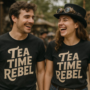 Person wearing the black steampunk shirts graphic tee - "Tea Time Rebel" design