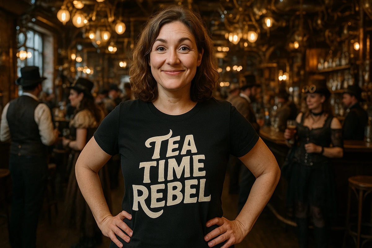 Lifestyle shot of the "Tea Time Rebel" black steampunk shirts in a real-world setting
