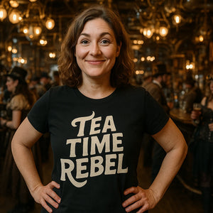 Lifestyle shot of the "Tea Time Rebel" black steampunk shirts in a real-world setting