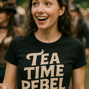 "Tea Time Rebel" black steampunk shirts, photographed as steampunk lover gift