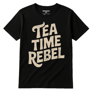 Black Steampunk Shirts - "Tea Time Rebel" graphic tee with beige print, flat lay product photo