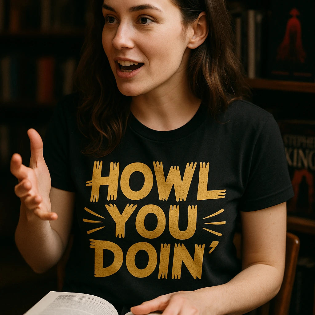 A person with long brown hair is wearing a black T-shirt with yellow text. They appear to be in a library or bookstore setting, holding an open book and gesturing with one hand.