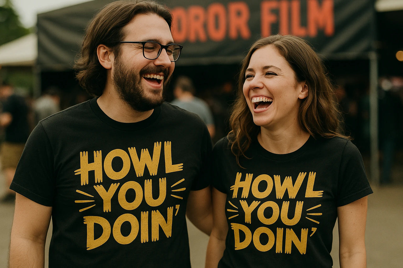 A man with a beard and glasses and a woman with long brown hair are wearing matching black T-shirts that say "HOWL YOU DOIN'." They are standing closely together and laughing. In the background, there is a blurred sign that says "HORROR FILM."