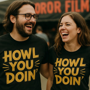 Person wearing the black monster shirts graphic tee - "Howl You Doin" design