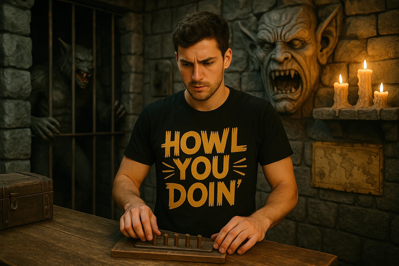 A person with short dark hair is standing at a wooden table, concentrating on a peg game. They are wearing a black T-shirt with the text "HOWL YOU DOIN'" in bold yellow letters. The background features stone walls with a shelf of lit candles and a menacing gargoyle face sculpted into the wall. In the background, a werewolf-like statue is visible, seemingly behind bars.