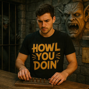 Lifestyle shot of the "Howl You Doin" black monster shirts in a real-world setting