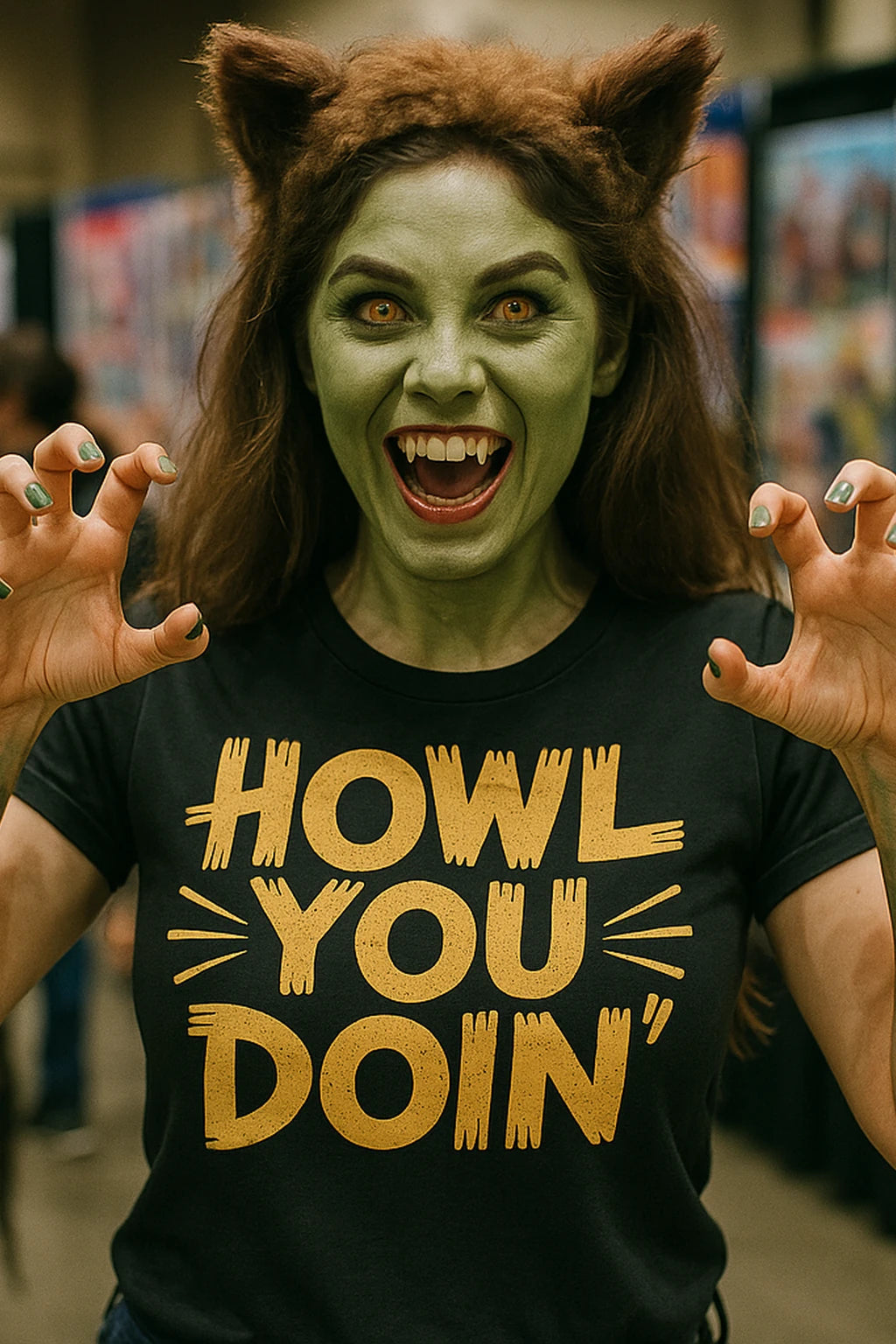 A person with green skin and werewolf-like features, including furry ears and fangs, is smiling widely with their hands raised in a claw-like gesture. They are wearing a black shirt with the text "HOWL YOU DOIN'" in bold yellow letters.