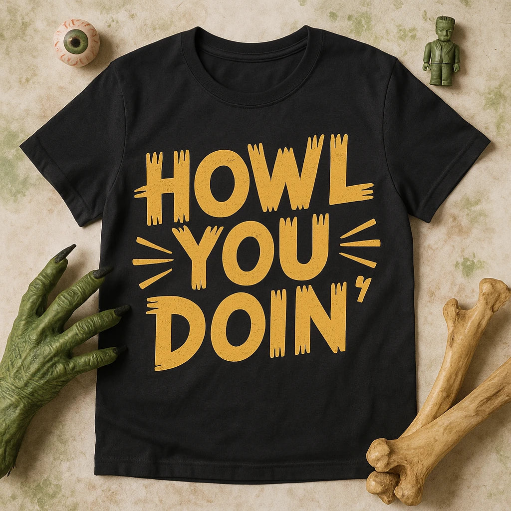 A black t-shirt with bold, spooky yellow text that reads "HOWL YOU DOIN'." The shirt is surrounded by Halloween-themed items, including a green monster hand, a large eyeball, a small green figurine, and two large bones.