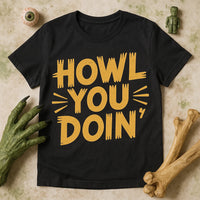 A black t-shirt with bold, spooky yellow text that reads 