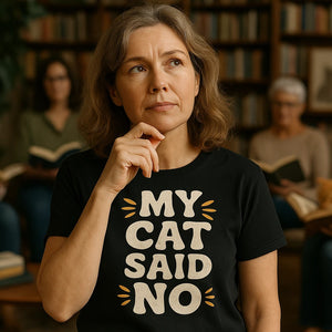 Lifestyle shot of the "My Cat Said No" black cat lovers shirts in a real-world setting