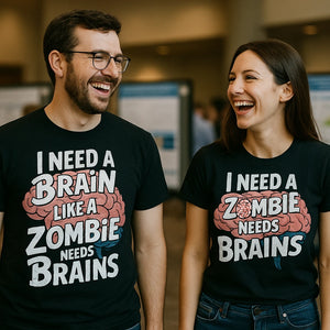 Person wearing the black psychologist t shirt graphic tee - "I Need a Brain Like a Zombie Needs Brains" design