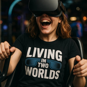 "Living in Two Worlds" virtual reality t shirt - product photo 8