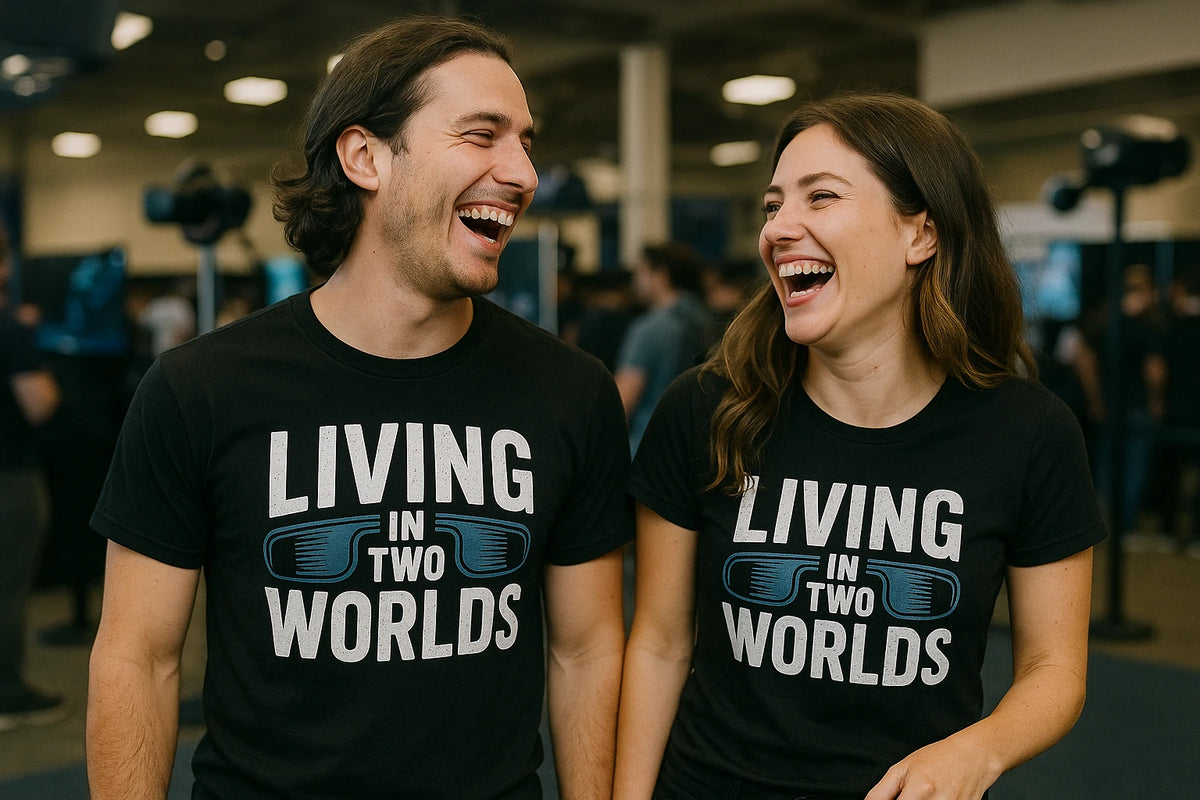 Person wearing the black virtual reality t shirt graphic tee - "Living in Two Worlds" design