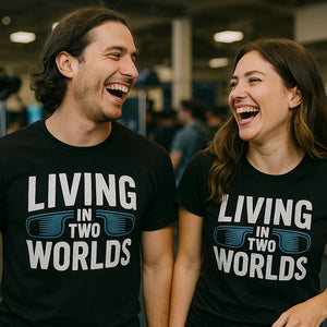 Person wearing the black virtual reality t shirt graphic tee - "Living in Two Worlds" design