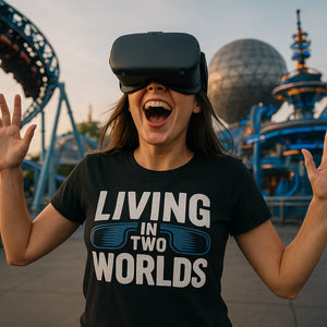 Lifestyle shot of the "Living in Two Worlds" black virtual reality t shirt in a real-world setting