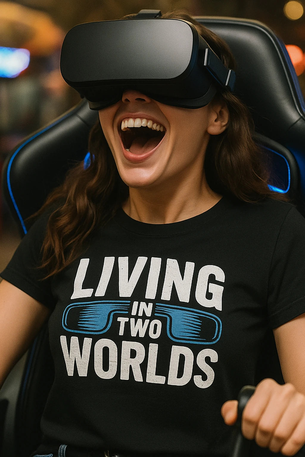 "Living in Two Worlds" black virtual reality t shirt, photographed as virtual reality lover gift