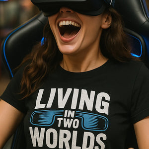 "Living in Two Worlds" black virtual reality t shirt, photographed as virtual reality lover gift