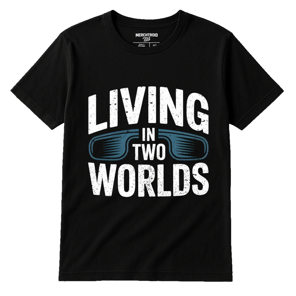 Black Virtual Reality T Shirt - "Living in Two Worlds" graphic tee with white print, flat lay product photo