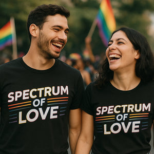 Person wearing the black pride shirts that benefit lgbtq graphic tee - "Spectrum of Love" design