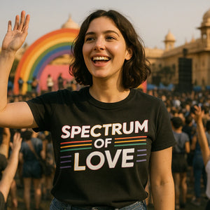 Lifestyle shot of the "Spectrum of Love" black pride shirts that benefit lgbtq in a real-world setting