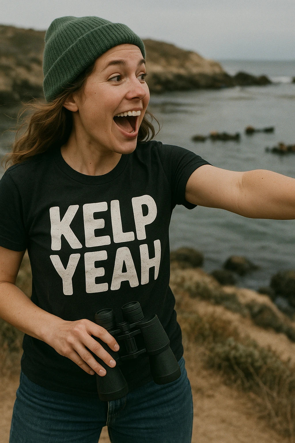 "Kelp Yeah" black sea otter shirts, photographed as gifts for sea otter lovers