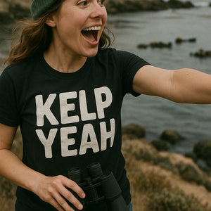 "Kelp Yeah" black sea otter shirts, photographed as gifts for sea otter lovers