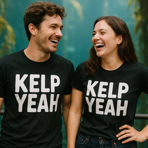Person wearing the black sea otter shirts graphic tee - "Kelp Yeah" design