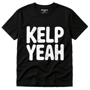 Black Sea Otter Shirts - "Kelp Yeah" graphic tee with white print, flat lay product photo