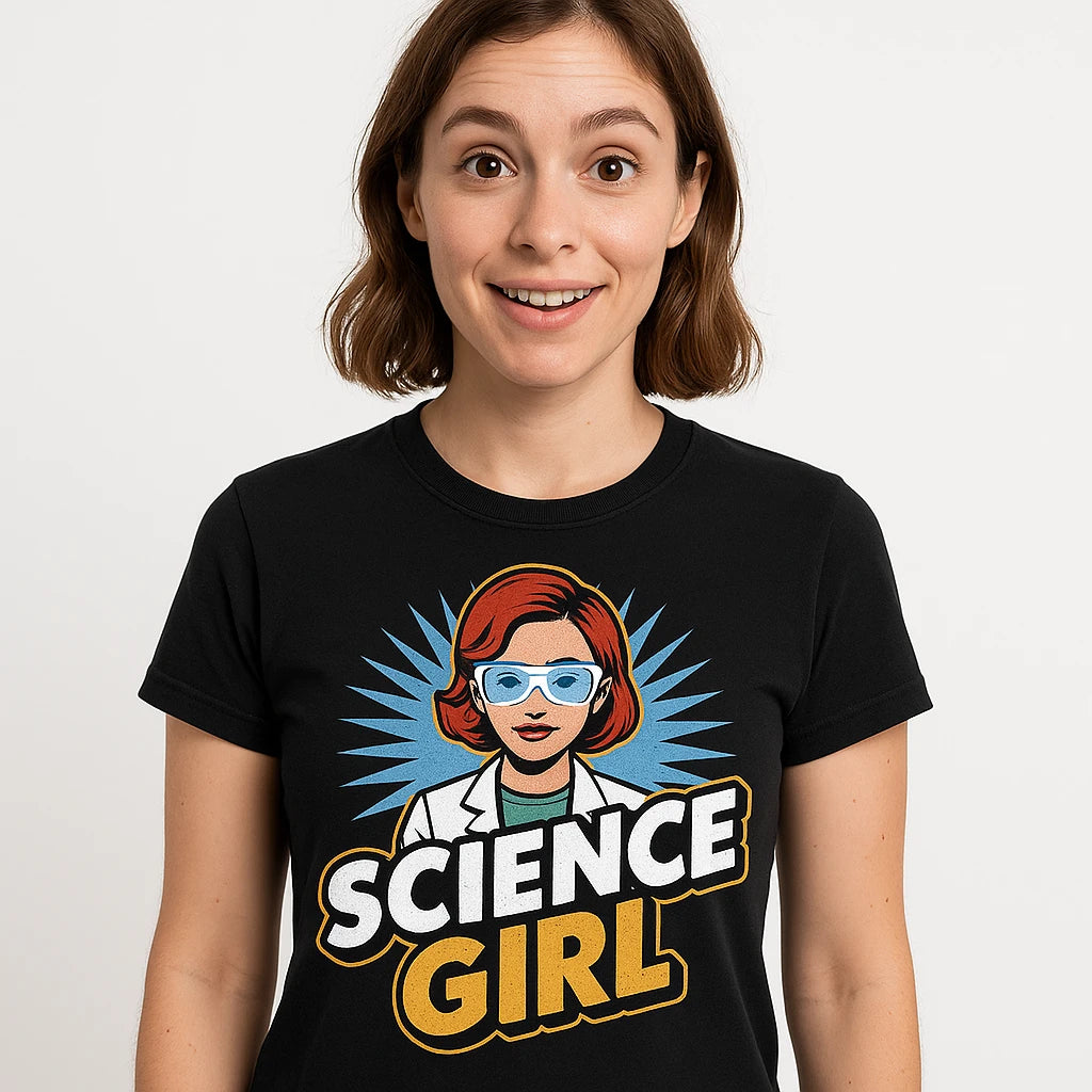 Close-up of the "Science Girl" gray print on a premium Bella+Canvas black scientist t shirt