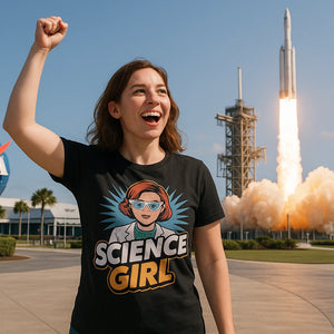 Lifestyle shot of the "Science Girl" black scientist t shirt in a real-world setting