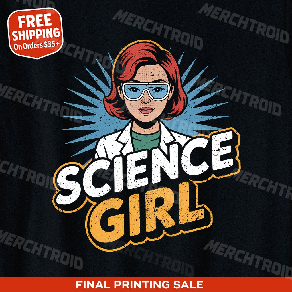 "Science Girl" black scientist t shirt, photographed as gifts for scientists