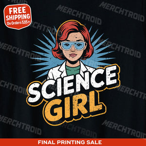 "Science Girl" black scientist t shirt, photographed as gifts for scientists