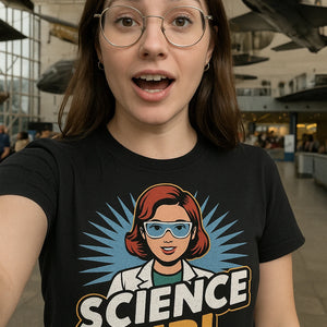 "Science Girl" black scientist t shirt - also one of the gifts for a data scientist