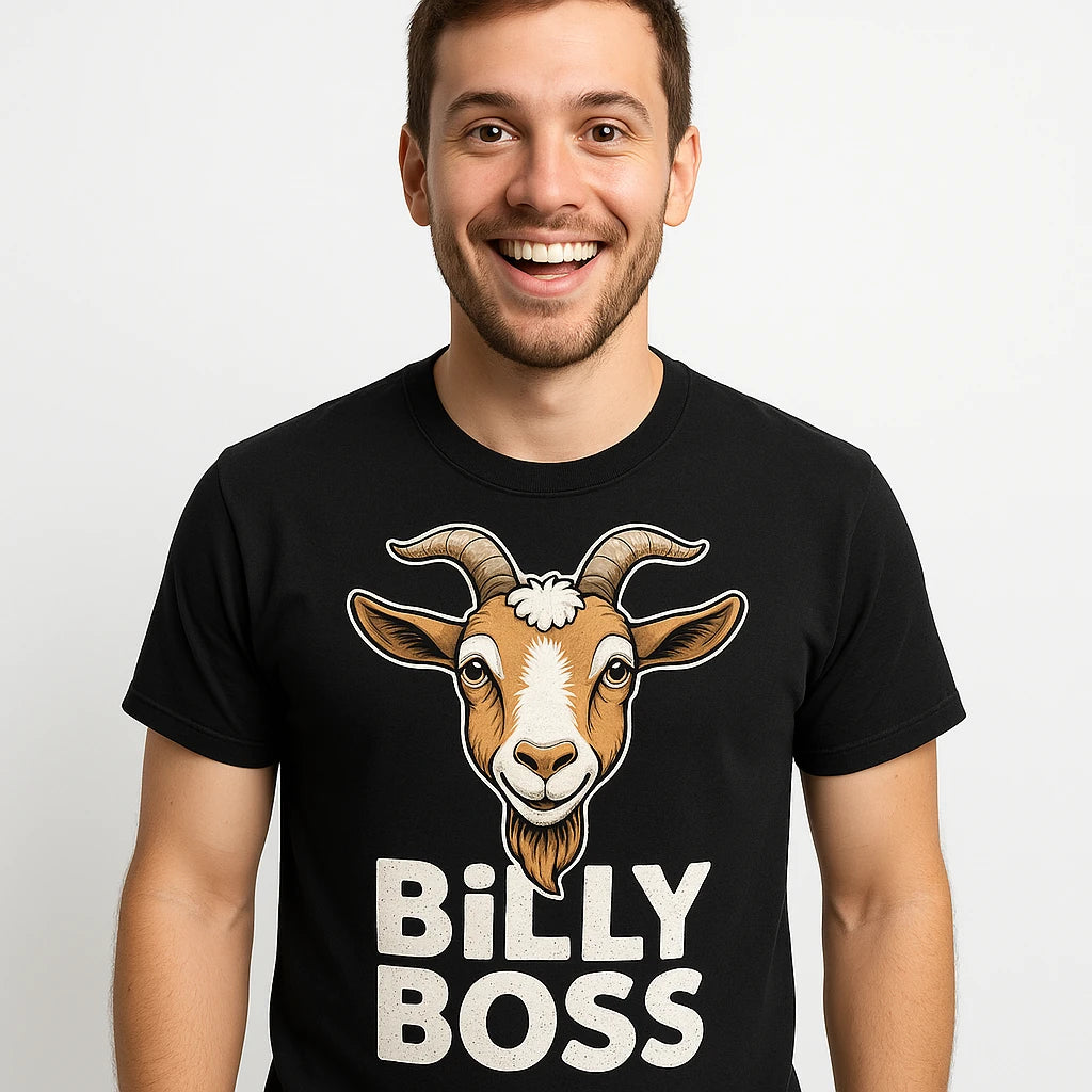 Close-up of the "Billy Boss" print on a premium Bella+Canvas black i love goats t shirt