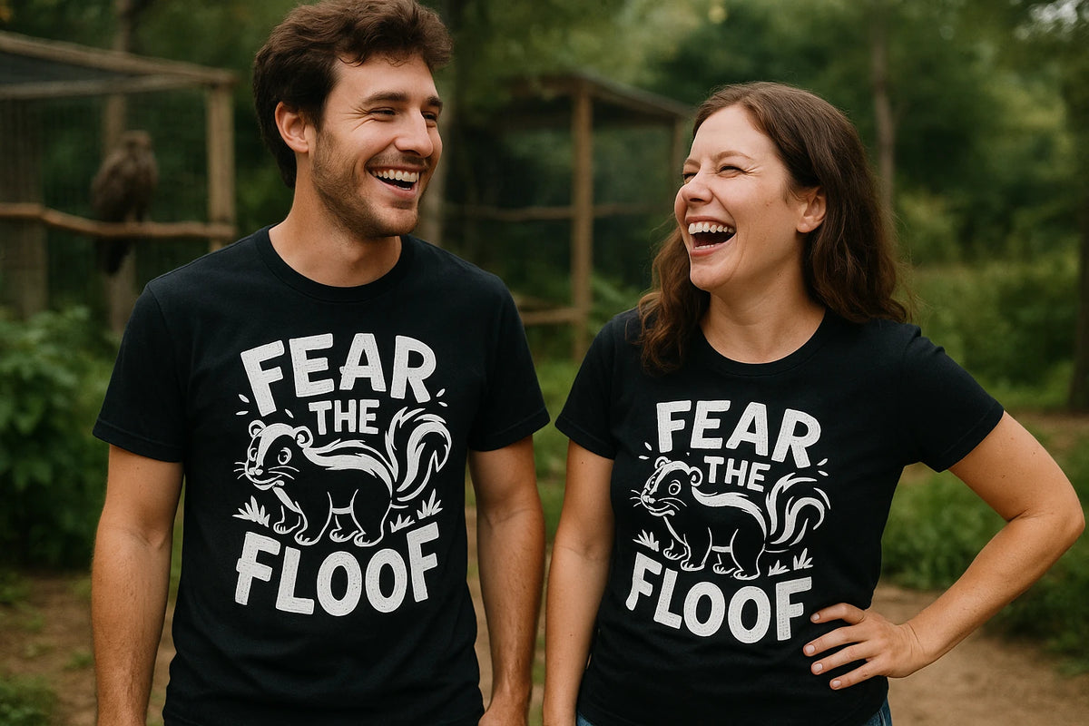 Person wearing the black skunks t shirt graphic tee - "Fear the Floof" design