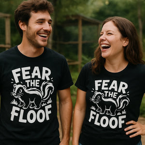 Person wearing the black skunks t shirt graphic tee - "Fear the Floof" design