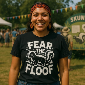 Lifestyle shot of the "Fear the Floof" black skunks t shirt in a real-world setting