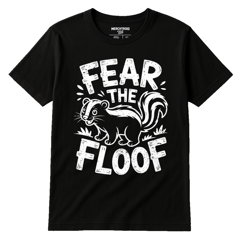 Black Skunks T Shirt - "Fear the Floof" graphic tee with white print, flat lay product photo