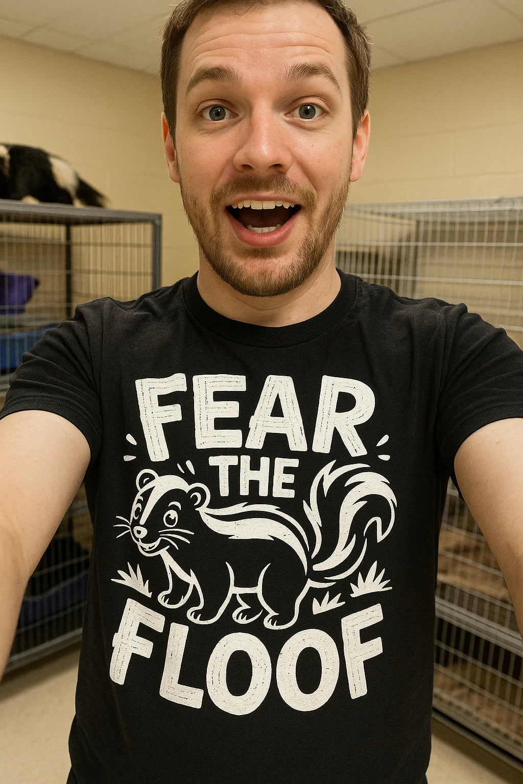 "Fear the Floof" black skunks t shirt, photographed as skunks lover gift