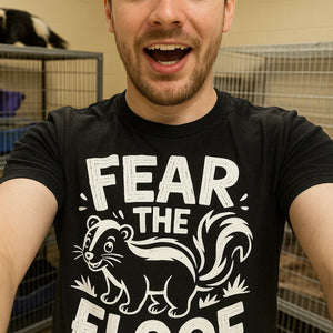 "Fear the Floof" black skunks t shirt, photographed as skunks lover gift