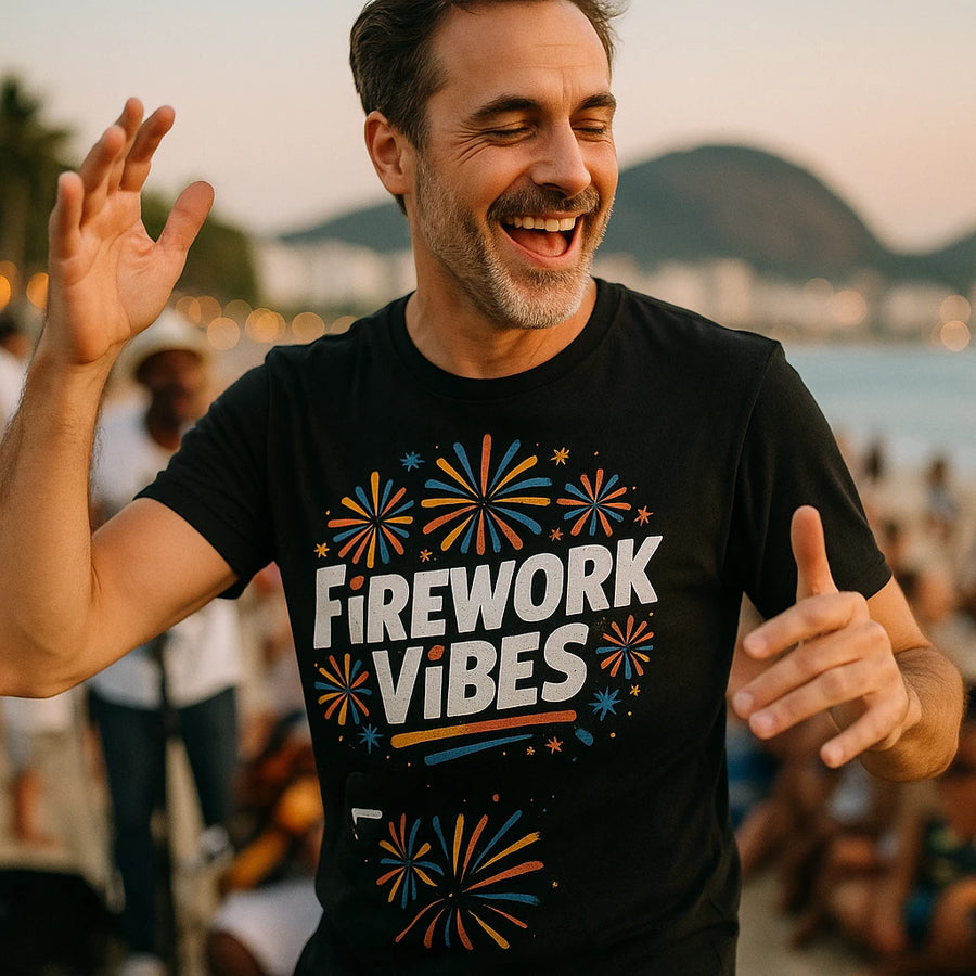 A person with short dark hair and a beard is joyfully smiling and raising their hand as they wear a black t-shirt with colorful fireworks designs and the text "Firework Vibes." The background features a beach scene with people and hills at sunset.
