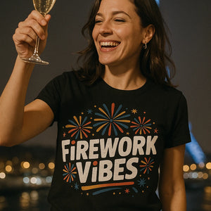 "Firework Vibes" black new years tee shirts - also a new years eve shirt for men