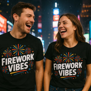 Person wearing the black new years tee shirts graphic tee - "Firework Vibes" design