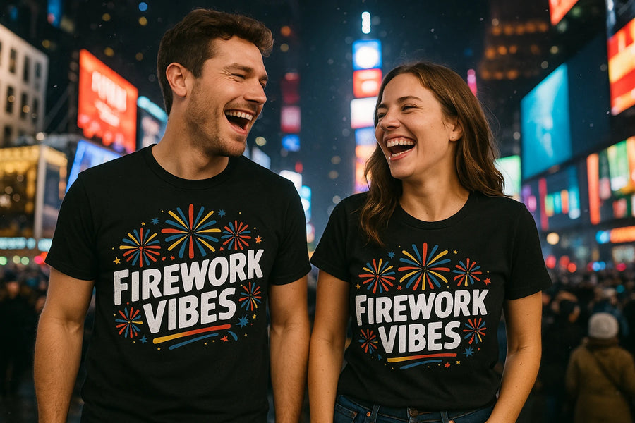 A man and a woman are laughing and standing together in a brightly lit urban setting, possibly Times Square at night. They are both wearing black t-shirts with colorful fireworks designs and "FIREWORK VIBES" printed on them. The background is filled with illuminated billboards and a bustling crowd.