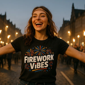 Lifestyle shot of the "Firework Vibes" black new years tee shirts in a real-world setting