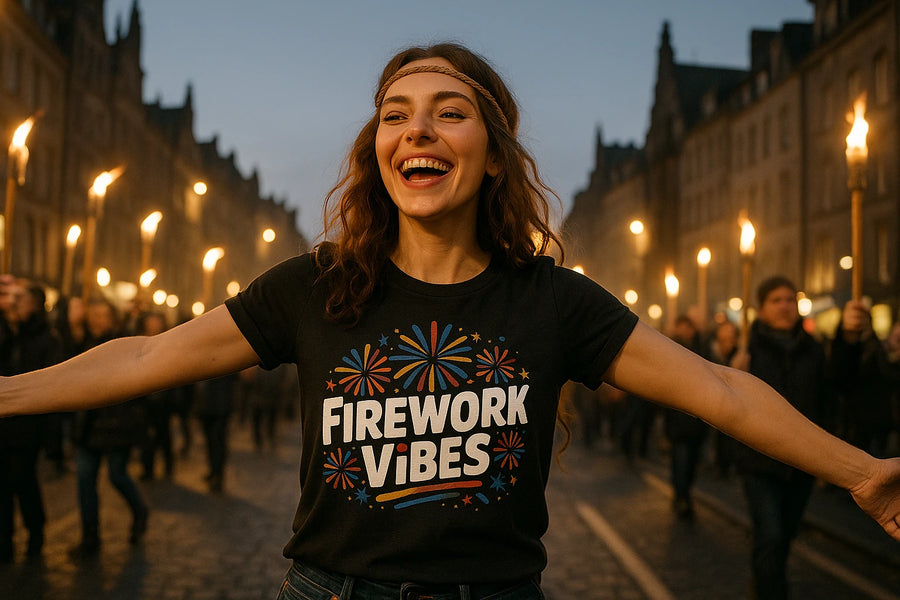 A person with long, wavy hair is joyfully standing with arms outstretched in a street lined with torch-carrying people. They are wearing a black T-shirt that says "Firework Vibes" with colorful firework designs. The background features a dimly lit urban setting with historic-looking buildings.