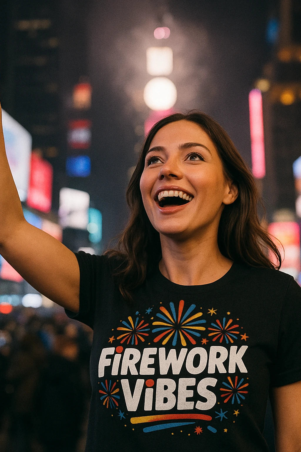 A person with long brown hair is smiling joyfully, standing in a brightly lit, bustling urban area at night. They are wearing a black t-shirt that says "FIREWORK VIBES" with colorful fireworks graphics.