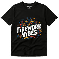 A black t-shirt with colorful fireworks graphics surrounding the bold, white text 