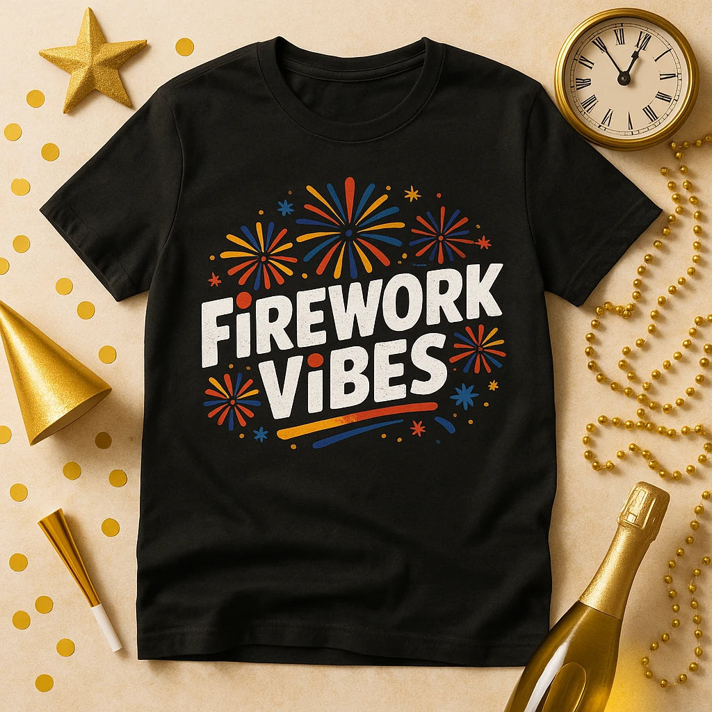A black T-shirt with colorful fireworks surrounding the text "FIREWORK VIBES." The background includes a gold star, gold party hat, scattered gold dots, a beaded necklace, a clock, and a gold champagne bottle, suggesting a festive celebration theme.